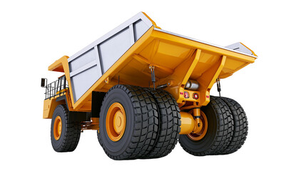 Yellow mining dump truck with large tires, isolated on transparent background © Mia