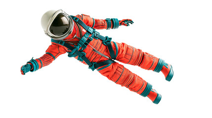 Orange astronaut suit with teal straps floating, isolated on transparent background © Mia