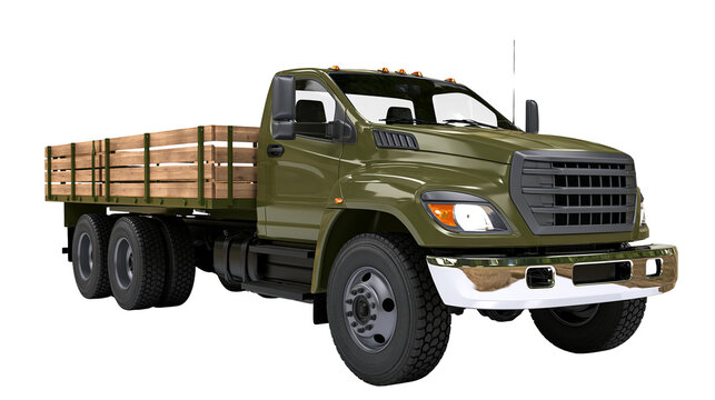 Olive green flatbed truck with wooden cargo bed, isolated on transparent background