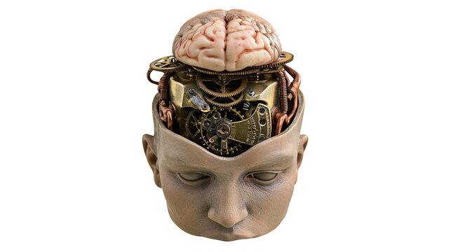 Steampunk mechanical brain with gears inside human head, isolated on transparent background