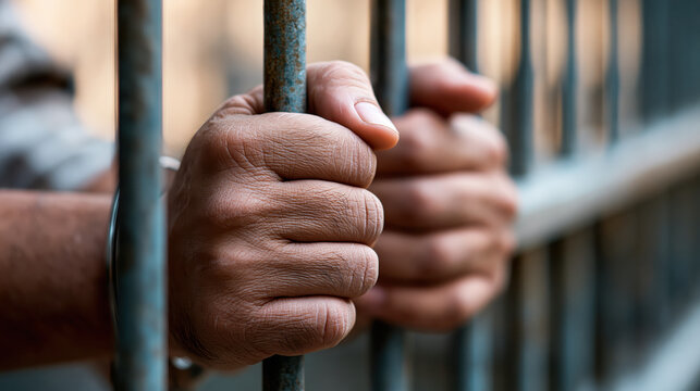Hand gripping metal bar behind prison window expressing confinement and desperation
