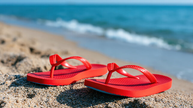 Red flip flop resting on sandy beach beside ocean wave, creating relaxed summer vacation scene with sunlight and turquoise water