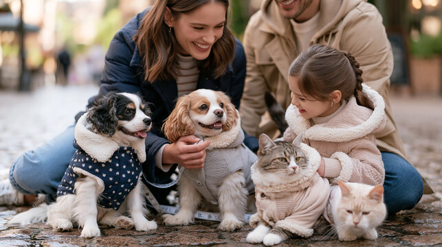 Catalog model debriefs family after a rainy outdoor pet party shoot with a tape measure still in hand reviewing coordinated outfits worn by three dogs and two cats along a wet