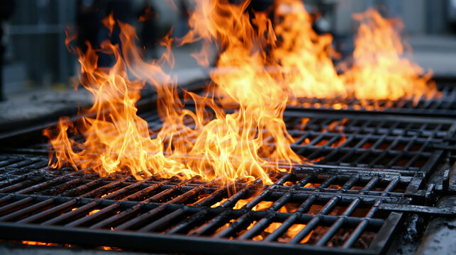 Flame fire burning on metal grill grate with intense heat and glowing charcoal for outdoor cooking and barbecue