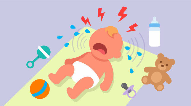 Illustration of a crying baby on a playmat surrounded by toys