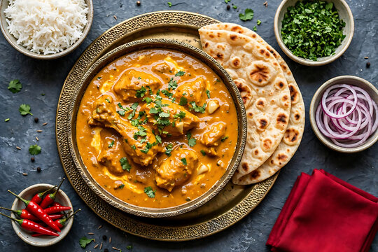 A bowl of chicken curry served with basmati rice and flatbread on a dark surface with garnished cilantro served flatbread red onions onions chili peppers down view bowl top down traditional food