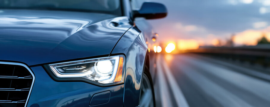 Blue car headlight on highway at sunset, conveying motion, travel, and modern transportation through reflective bodywork and blurred roadway