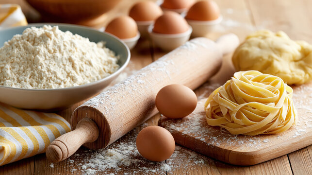 Flour egg pasta dough rolling pin on wooden board