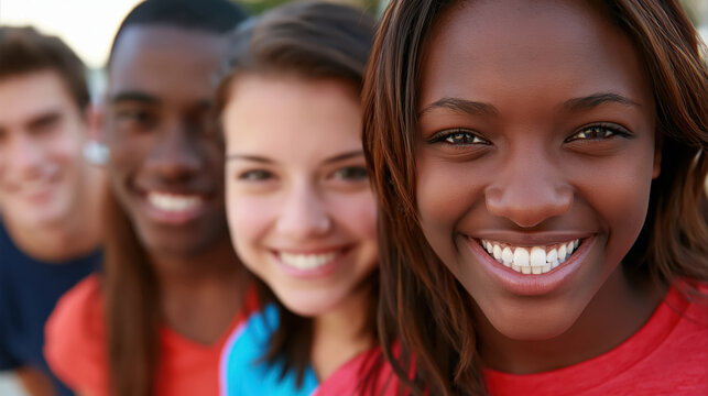 Smiling diverse young adult group portrait with joyful Black woman in foreground and friends outdoors