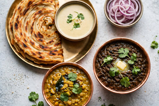 Traditional indian meal featuring dal makhani lentil curry flatbread and sliced red onions overhead with yellow split pea curry fresh red onion slices consisting black lentil down view traditional
