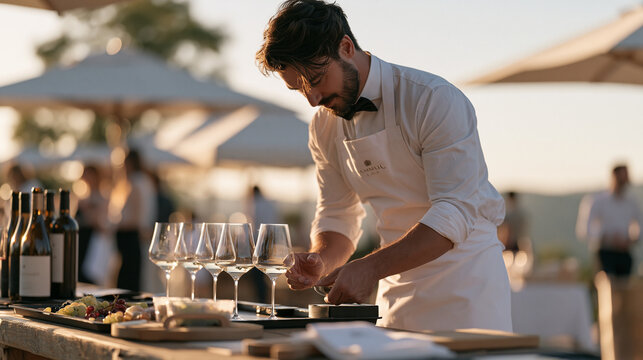 A festival sommelier carefully weighing grape samples before a tasting demonstration at golden hour, a tray of fresh tasting materials arranged neatly on a rustic outdoor table,