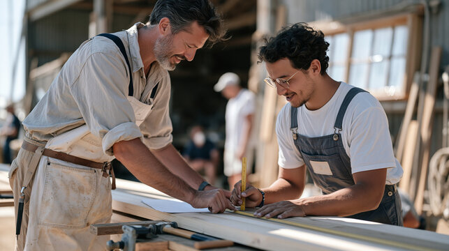 A yacht builder teaching a carpentry newcomer to measure and cut stage deck planks patiently at a quiet rural open air venue, rain streaking a barn window nearby, the process of