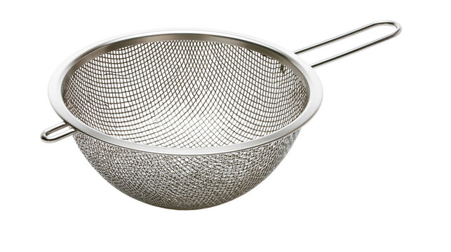 Shiny metal sieve with fine mesh and handle, isolated on transparent background