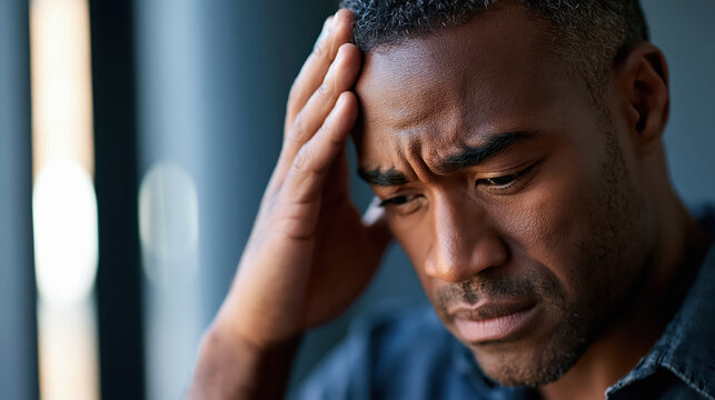 Stressed man holding head with worried expression near window, showing anxiety, fatigue, and emotional distress in dark indoor setting