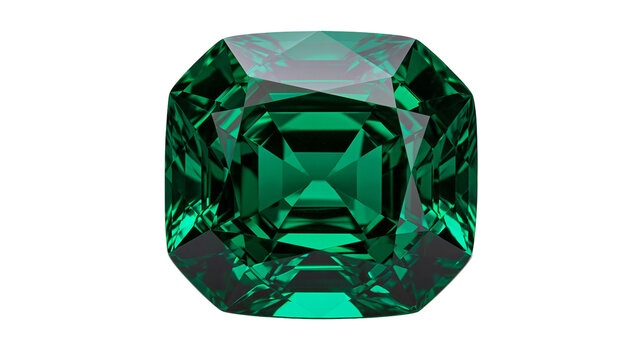 Deep green emerald gemstone with octagonal cut, isolated on transparent background