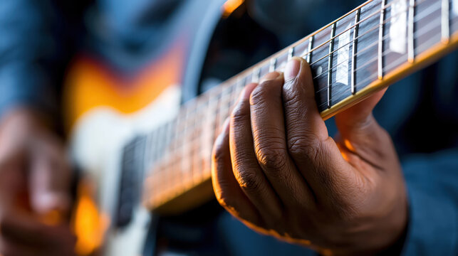 African musician playing electric guitar with focused hand detail and warm stage lighting