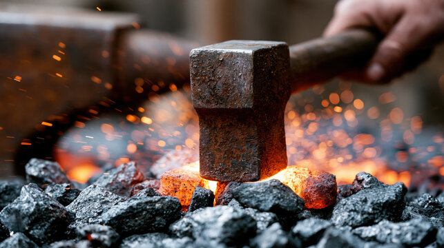 Blacksmith hammer striking hot coal with flying sparks in industrial forge