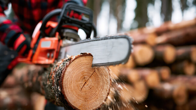 Chainsaw forest log wood sawdust forestry lumberjack cutting wood in forest with chainsaw, showing motion and flying sawdust