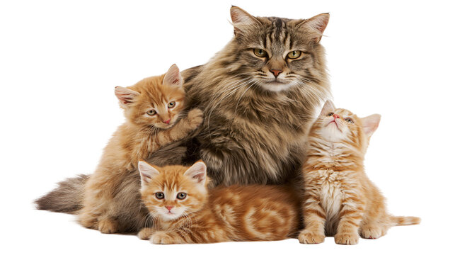 Fluffy tabby cat mother with three ginger kittens, isolated on transparent background