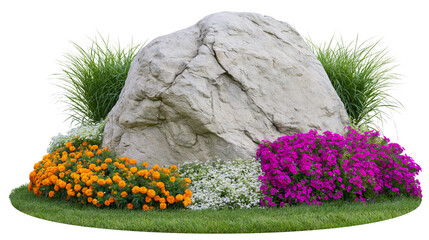 Large grey boulder with vibrant orange and purple flowers, isolated on transparent background © Mia
