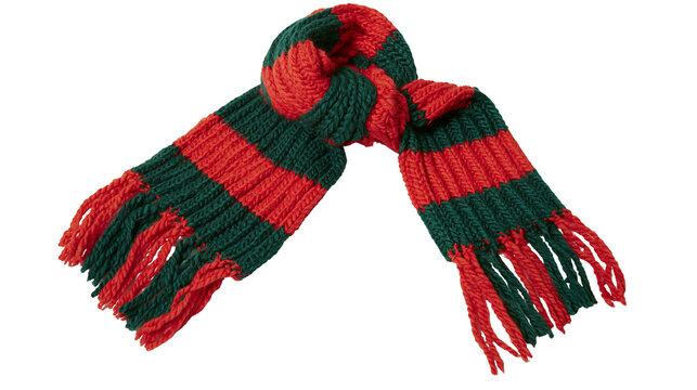 Knitted red and green striped scarf with fringe, isolated on transparent background