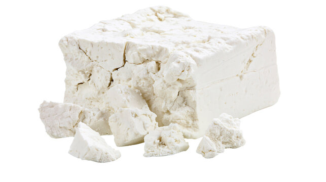 Crumbled white feta cheese block with rough texture, isolated on transparent background