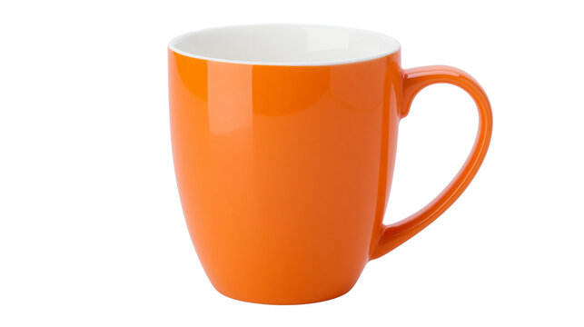 Bright orange ceramic mug with white interior, isolated on transparent background