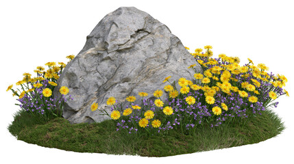 Large grey boulder surrounded by yellow daisies and purple wildflowers, isolated on transparent background © Mia