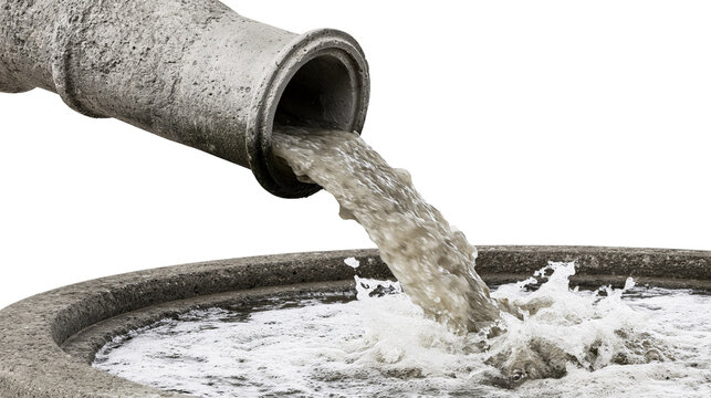 Concrete pipe discharging dirty water into a basin, isolated on transparent background