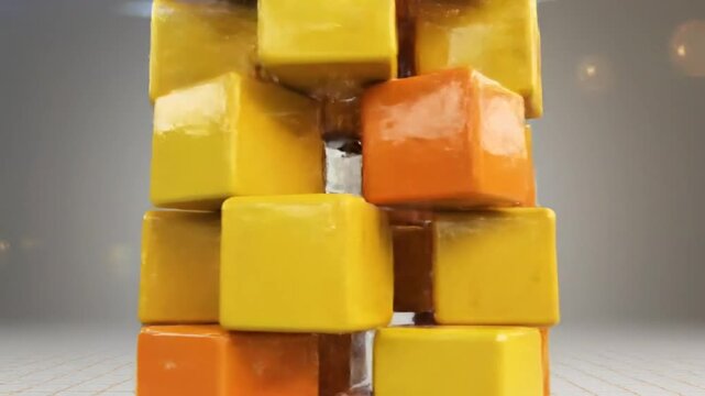 Abstract stack of glossy orange and yellow cubes in a studio environment representing balance and design