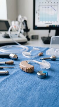 Audiologist tools with hearing aid and audiogram background