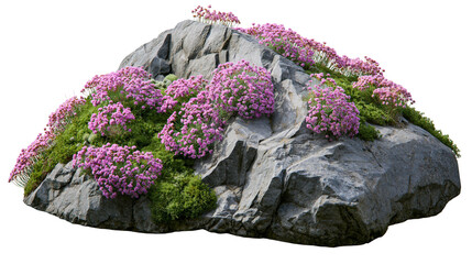 Gray rocky outcrop with clusters of small pink flowers and green moss, isolated on transparent background © Mia