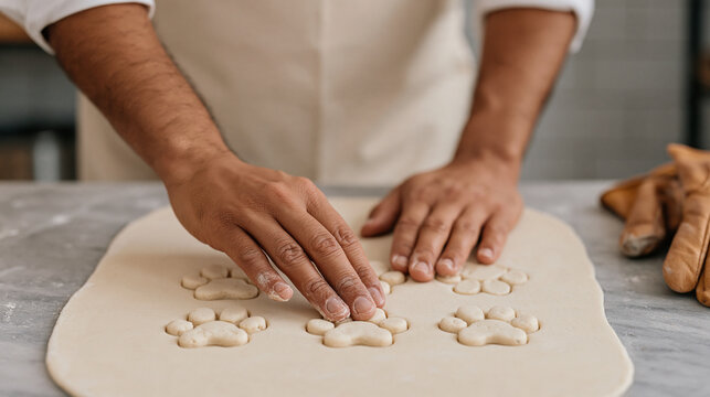 Food processing worker stretches before a long shift beside worn leather gloves in a minimalist studio close-up of hands pressing paw-shaped molds for a large batch of pet party