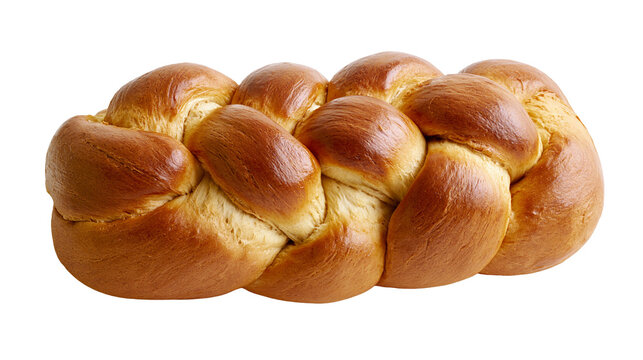 Golden brown braided challah bread loaf, isolated on transparent background