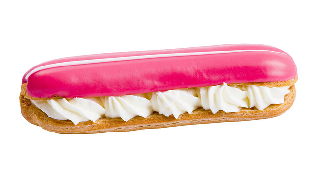 Pink glazed eclair filled with white cream, isolated on transparent background