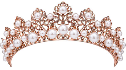 Rose gold tiara adorned with numerous white pearls, isolated on transparent background © Mia