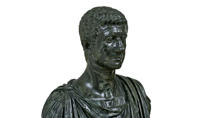 Fototapeta premium Dark bronze Roman emperor bust with detailed toga, isolated on transparent background