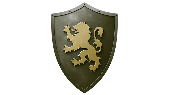 Dark green medieval shield with golden lion emblem, isolated on transparent background