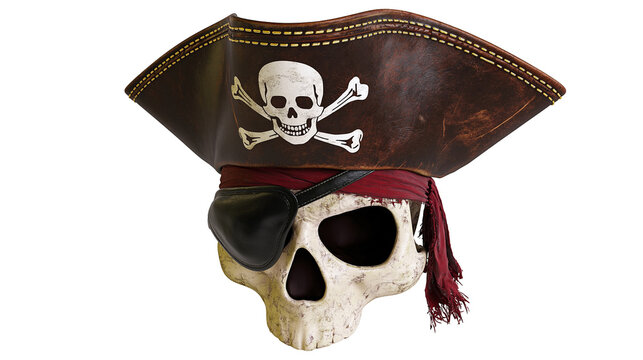 Pirate skull with leather hat and eye patch, isolated on transparent background
