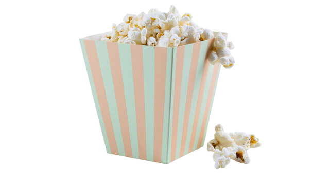 Striped popcorn box overflowing with fluffy popcorn, isolated on transparent background