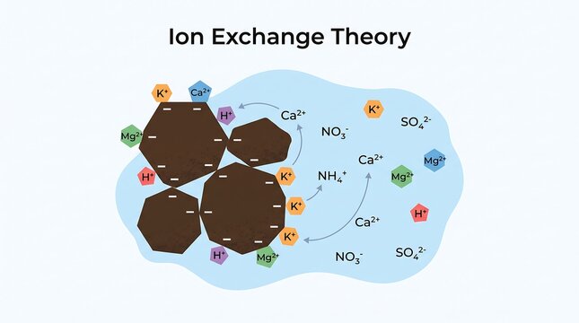 Ion exchange theory explaining nutrient ion adsorption and release on soil colloids in a scientific infographic