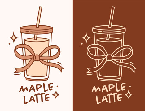 Maple latte iced coffee cup with bow outline drawing logo for syrup sugar flavor label tag sticker packaging design. Cold foam to go drink cute fall season aesthetic doodle line art cafe poster print.