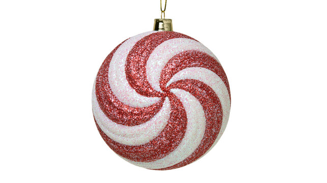 Glittering red and white swirled peppermint candy Christmas ornament, isolated on transparent background