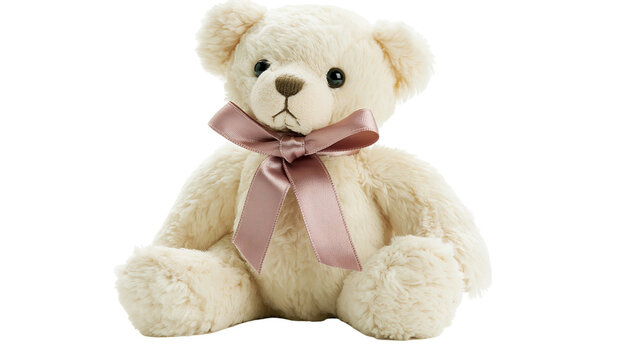 Fluffy cream teddy bear with pink satin bow, isolated on transparent background