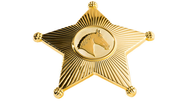 Golden star-shaped sheriff badge with horse head emblem, isolated on transparent background