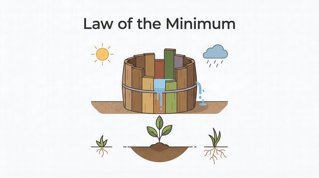 Law of the minimum illustrating plant growth limited by the scarcest nutrient resource in a soil science diagram