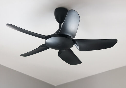 A low-angle view of a modern matte black ceiling fan with five sleek blades mounted against a plain off-white ceiling.