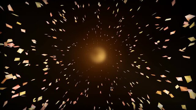 Glowing Abstract Particle Vortex: A dynamic 3D animation of golden and glowing rectangular particles bursting outwards in a vortex pattern against a dark background, resembling a cosmic explosion or f