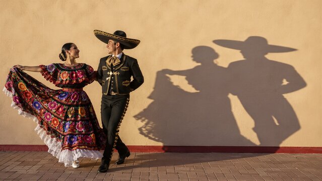 Woman and man in traditional mexican costume dancing folklorico against wall with shadow. Hispanic heritage and cultural celebration. National Hispanic Heritage Month concept
