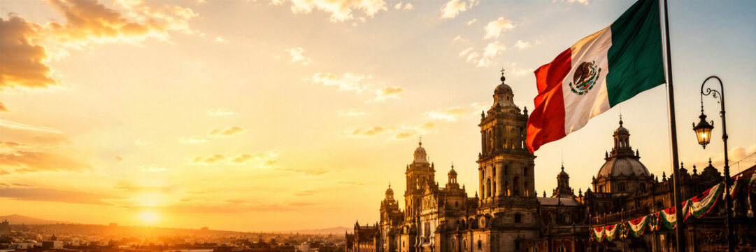 Mexican flag waving in front of Mexico City metropolitan cathedral at sunset. National symbol and historic architecture for Mexican Independence Day and patriotic holiday. Banner with copy space